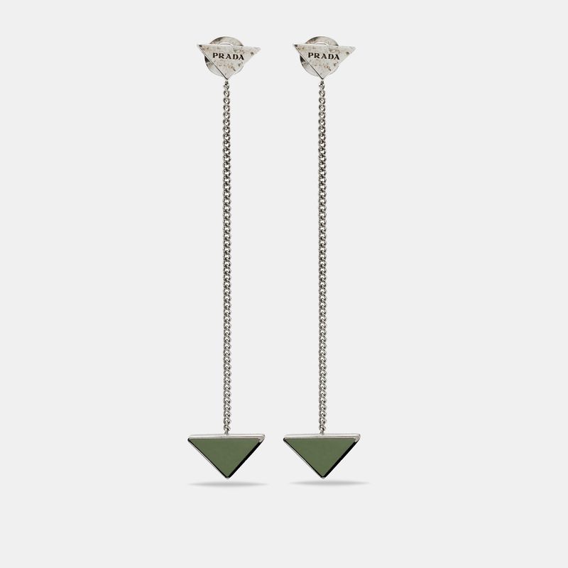 Prada Triangle Enamel Sterling Silver Chain Drop Earrings 1309$